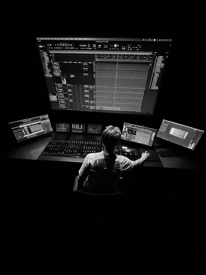 prodbyluz at the mixing desk, working across a multi-screen Dolby Atmos setup